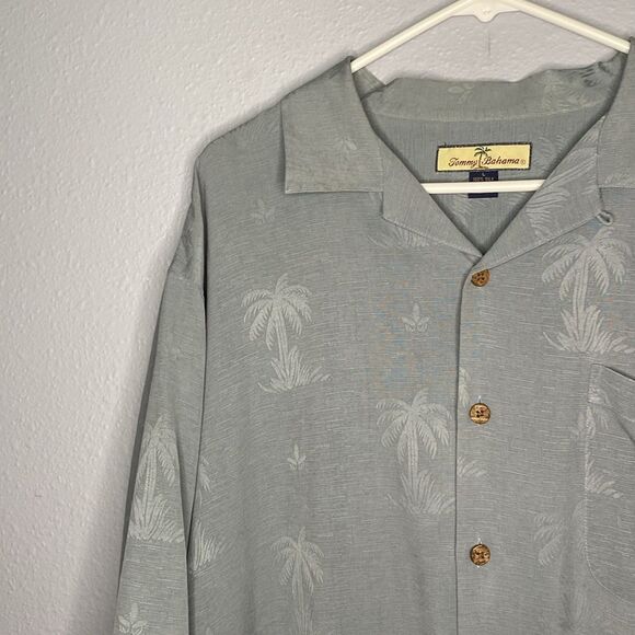Tommy Bahamas Grey Green Button Up Collared Palm Trees 100% Silk Size Large - Picture 5 of 11